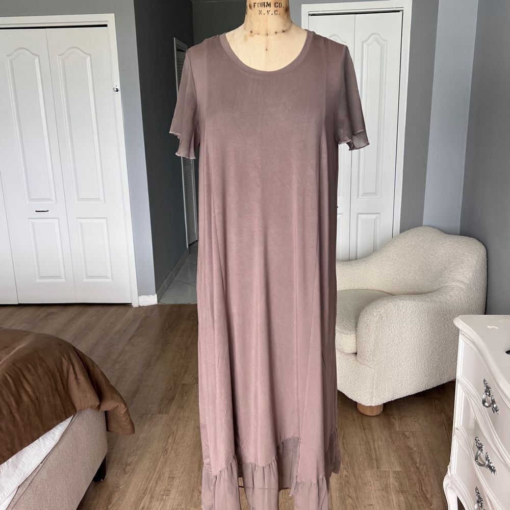 Lori Goldstein Taupe Midi Dress with Sheer Sleeves M